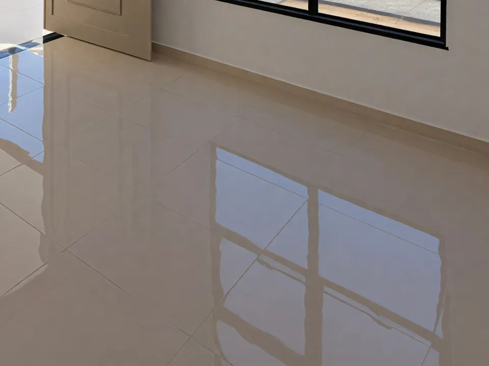 Piso de porcelanato polido refletindo a luz.