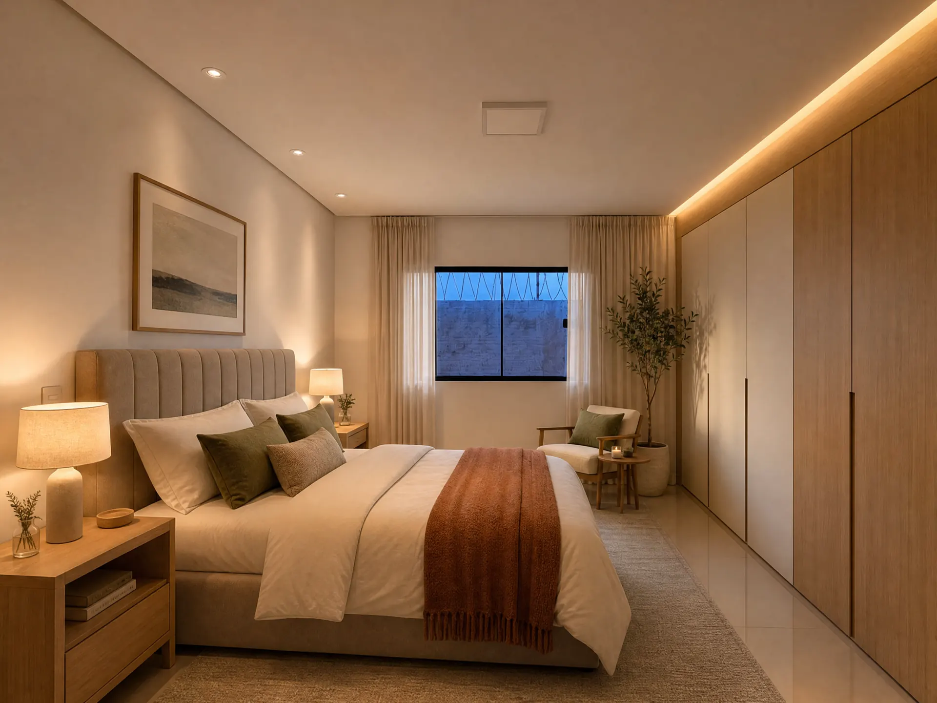 Suíte principal decorada, à noite, com cama de casal, abajures acesos e guarda-roupa.
